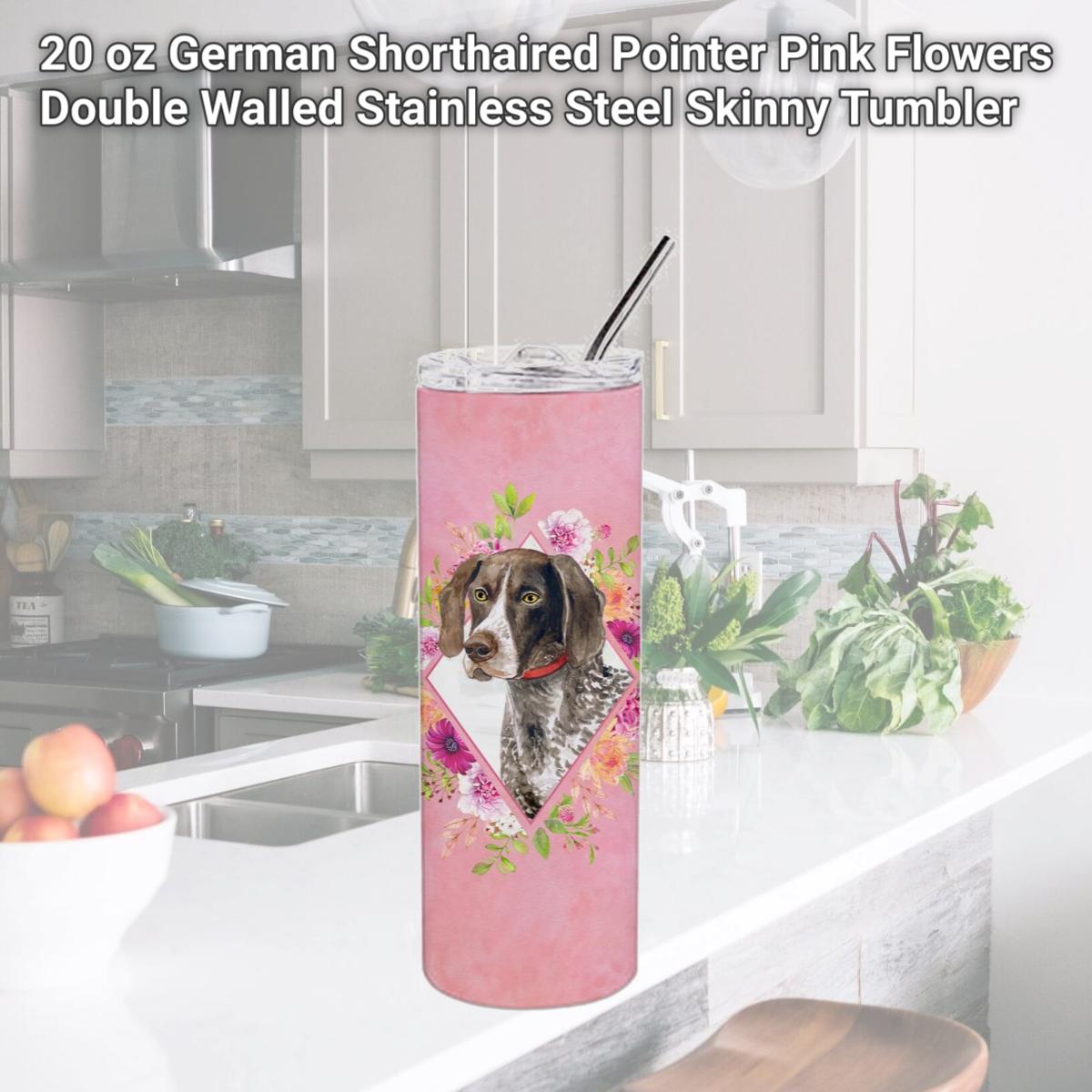 Picture of Carolines Treasures CK4157TBL20 20 oz German Shorthaired Pointer Pink Flowers Double Walled Stainless Steel Skinny Tumbler