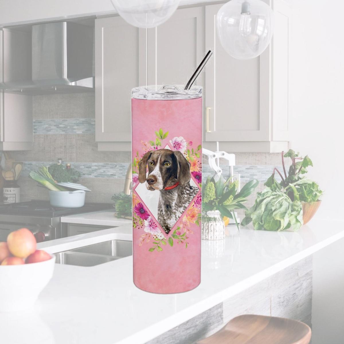 Picture of Carolines Treasures CK4157TBL20 20 oz German Shorthaired Pointer Pink Flowers Double Walled Stainless Steel Skinny Tumbler