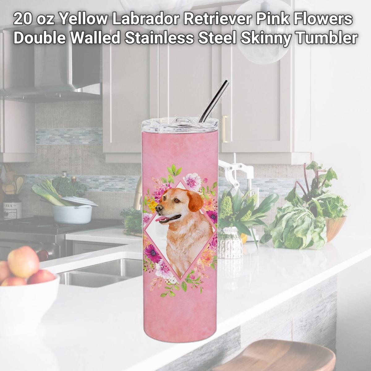 Picture of Carolines Treasures CK4158TBL20 20 oz Yellow Labrador Retriever Pink Flowers Double Walled Stainless Steel Skinny Tumbler