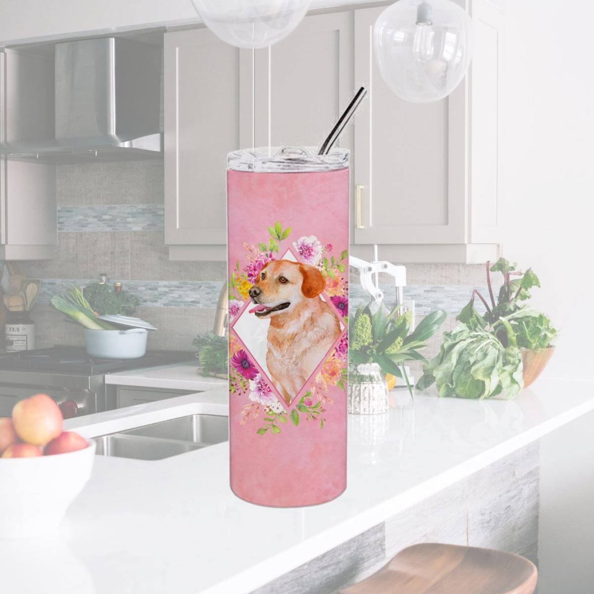 Picture of Carolines Treasures CK4158TBL20 20 oz Yellow Labrador Retriever Pink Flowers Double Walled Stainless Steel Skinny Tumbler