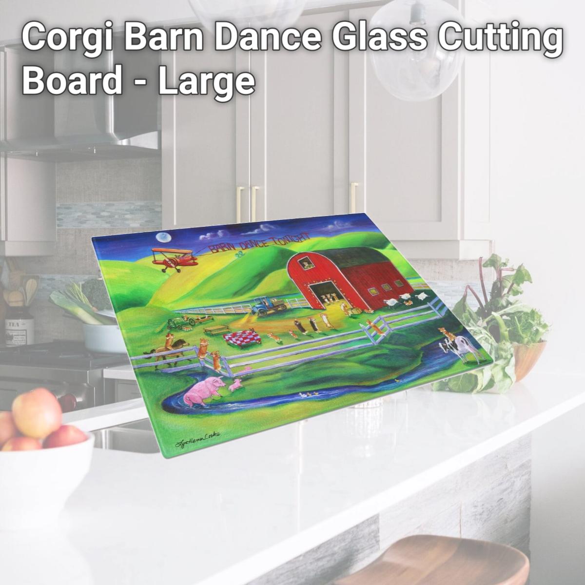 Picture of Carolines Treasures 7404LCB Corgi Barn Dance Glass Cutting Board - Large