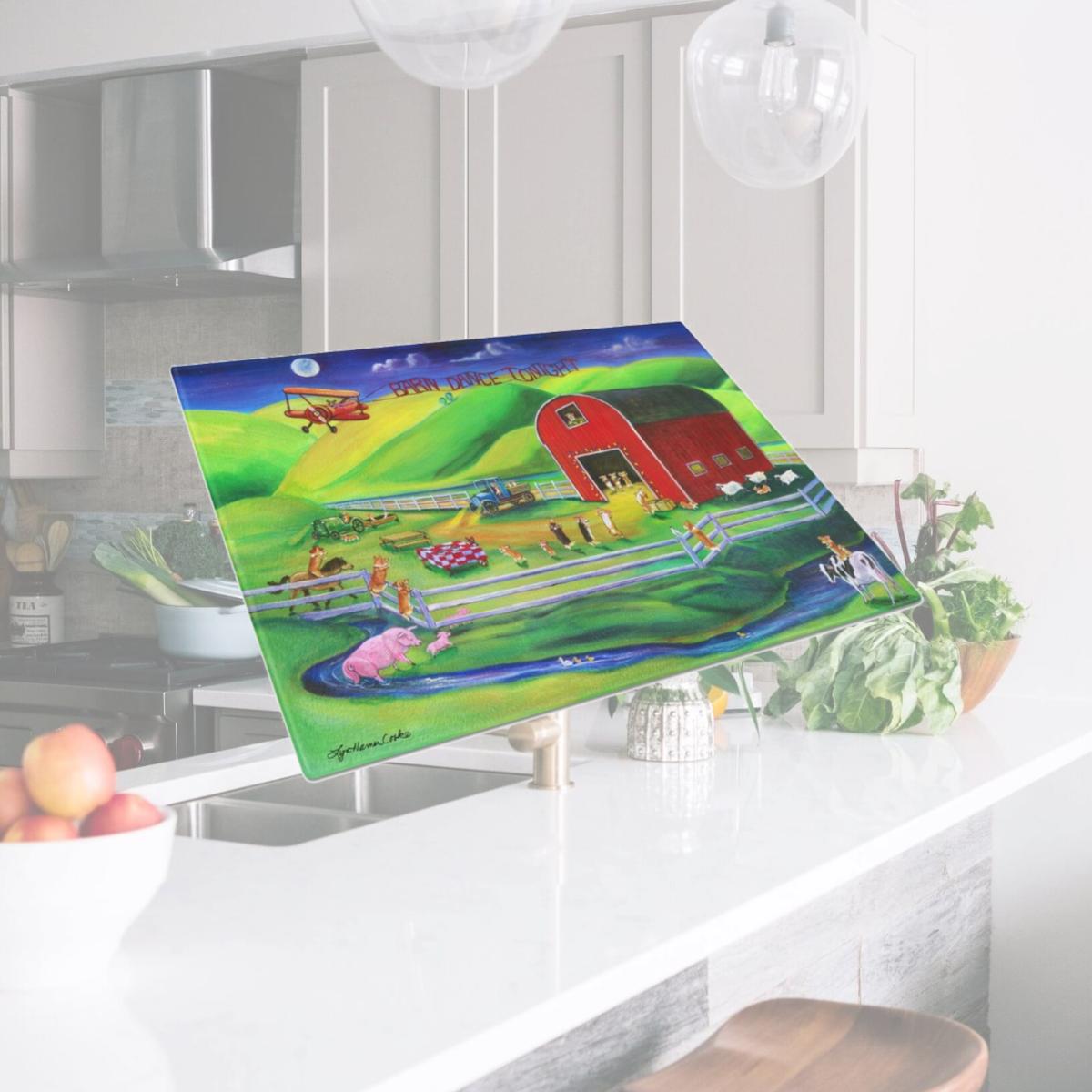 Picture of Carolines Treasures 7404LCB Corgi Barn Dance Glass Cutting Board - Large
