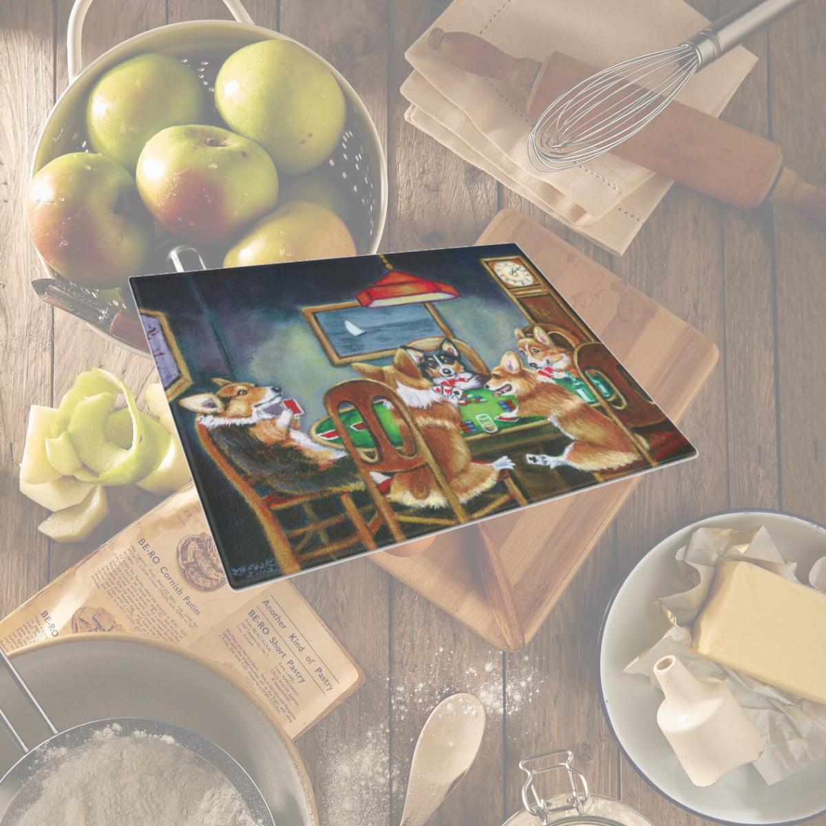Picture of Carolines Treasures 7416LCB Corgi Playing Poker Glass Cutting Board - Large