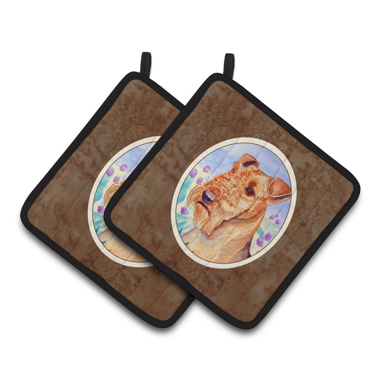 7007pthd Airedale Terrier In Flowers Pair Of Pot Holders