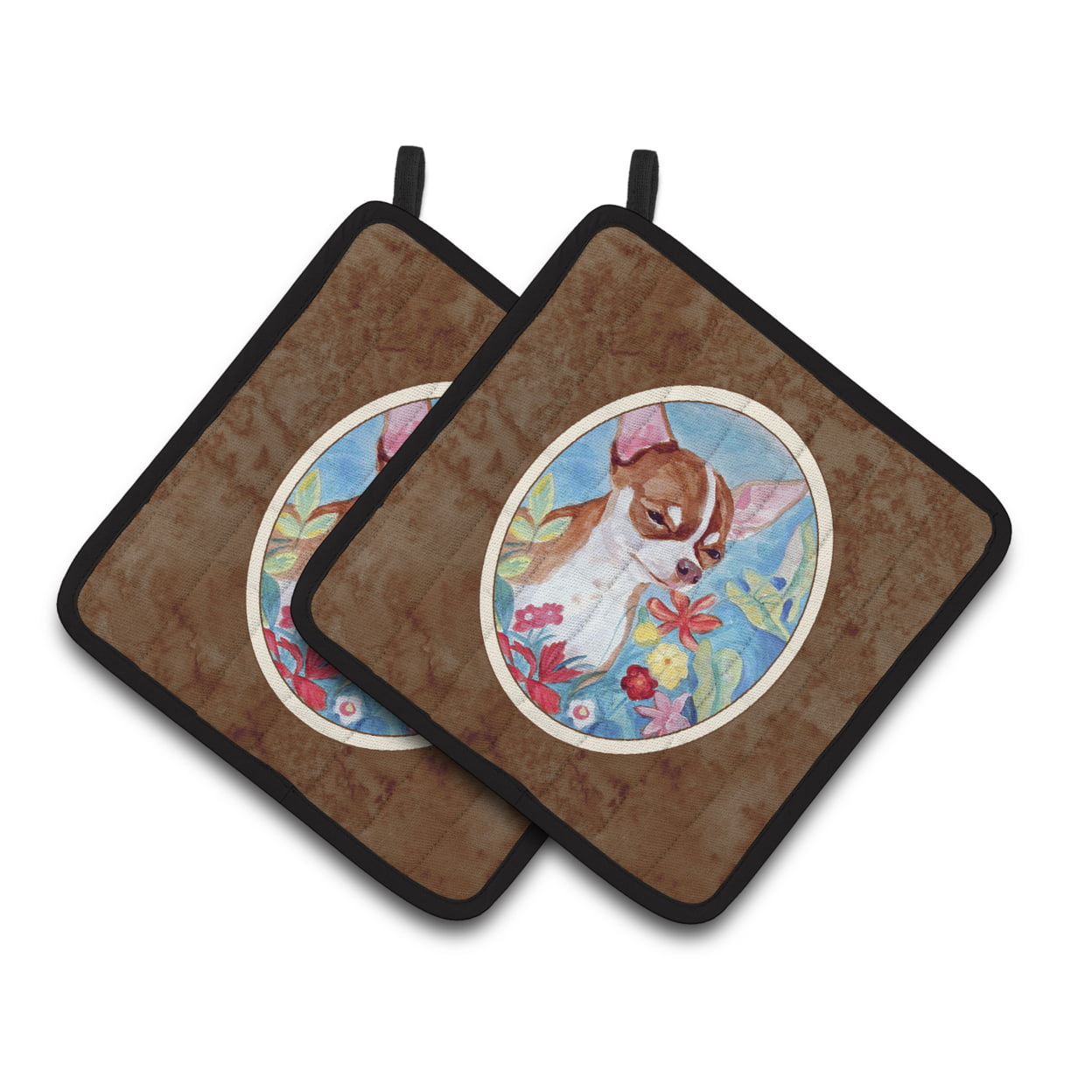 7053pthd Chihuahua In Flowers Pair Of Pot Holders