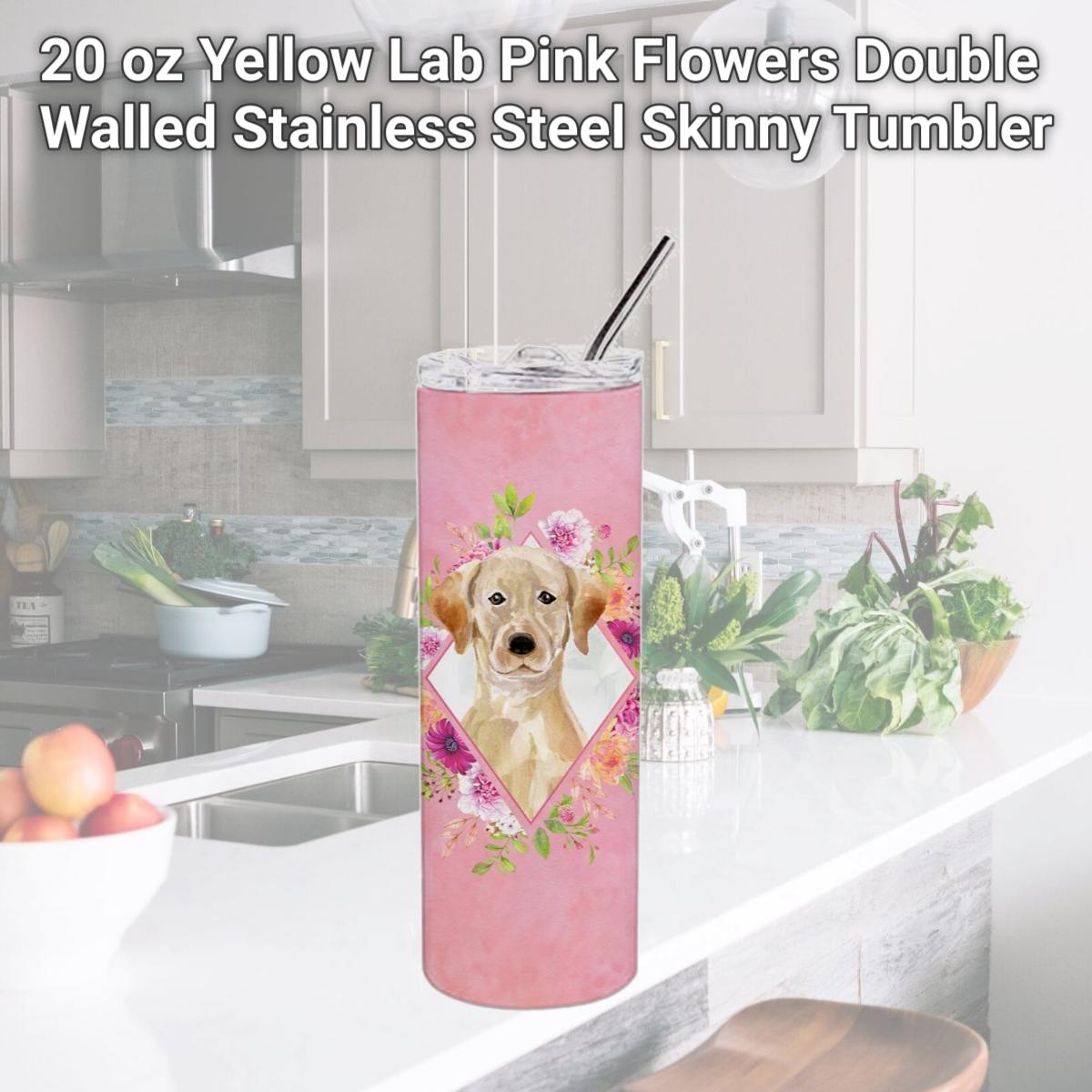 Picture of Carolines Treasures CK4227TBL20 20 oz Yellow Lab Pink Flowers Double Walled Stainless Steel Skinny Tumbler