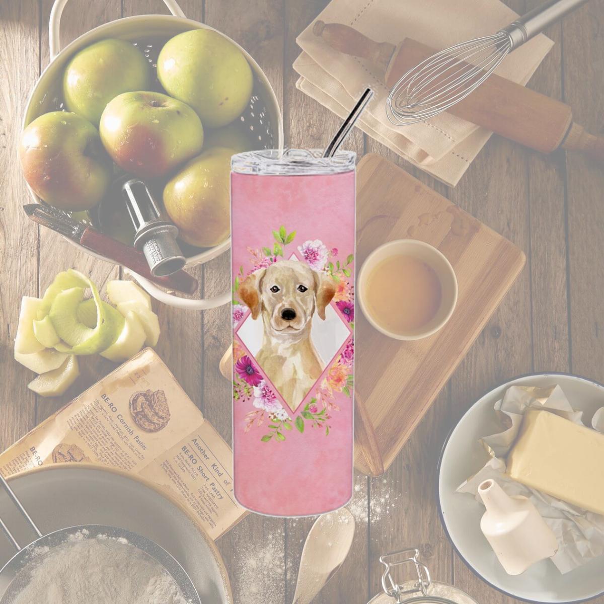 Picture of Carolines Treasures CK4227TBL20 20 oz Yellow Lab Pink Flowers Double Walled Stainless Steel Skinny Tumbler