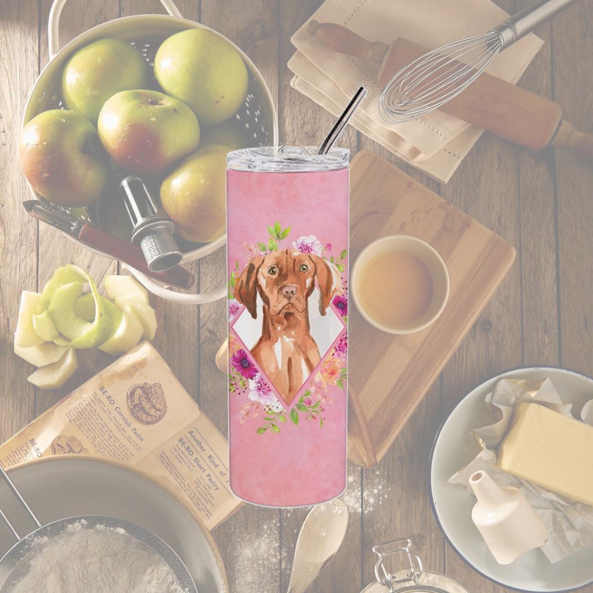 Picture of Carolines Treasures CK4232TBL20 20 oz Vizsla Pink Flowers Double Walled Stainless Steel Skinny Tumbler