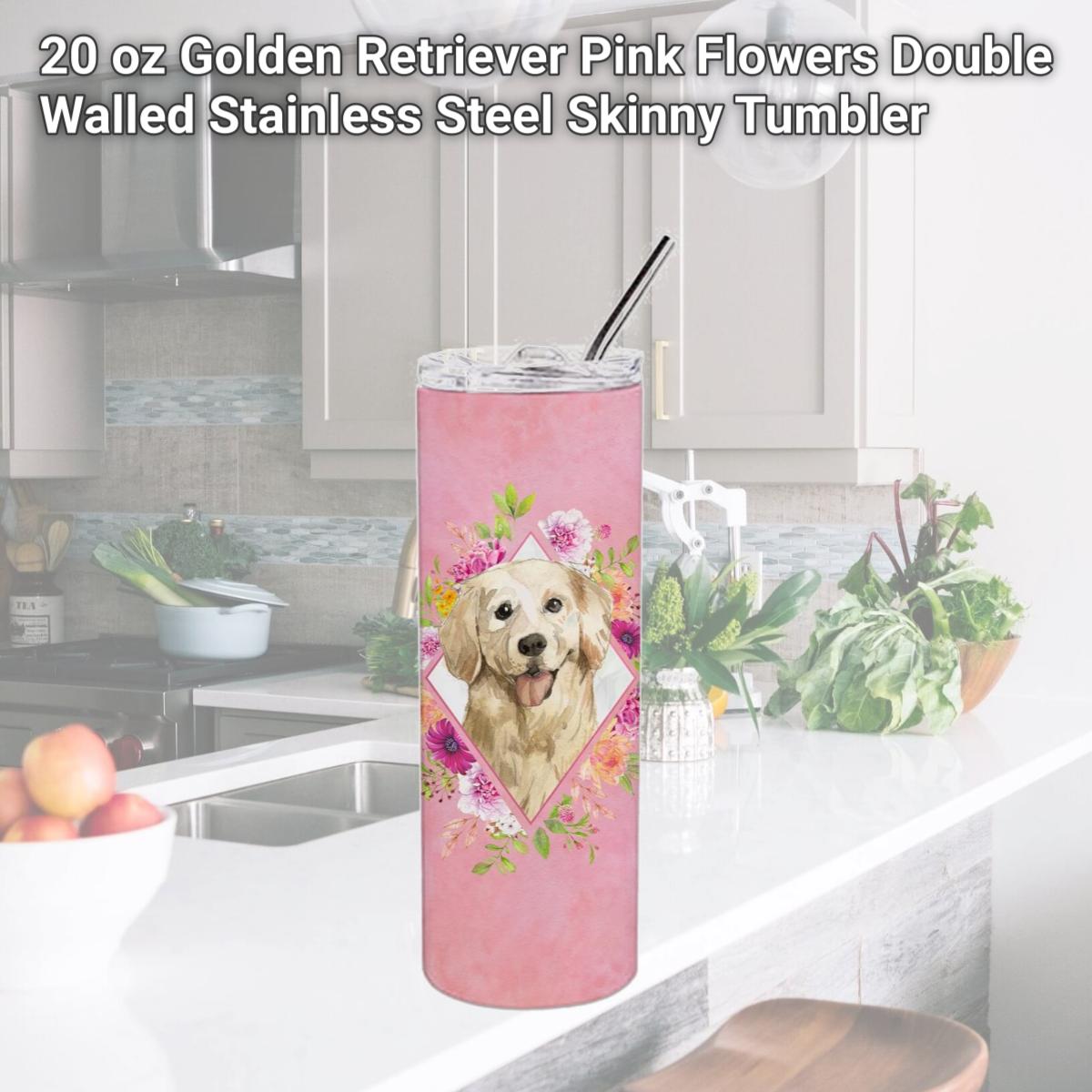 Picture of Carolines Treasures CK4235TBL20 20 oz Golden Retriever Pink Flowers Double Walled Stainless Steel Skinny Tumbler
