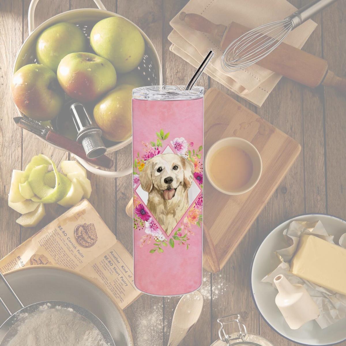Picture of Carolines Treasures CK4235TBL20 20 oz Golden Retriever Pink Flowers Double Walled Stainless Steel Skinny Tumbler