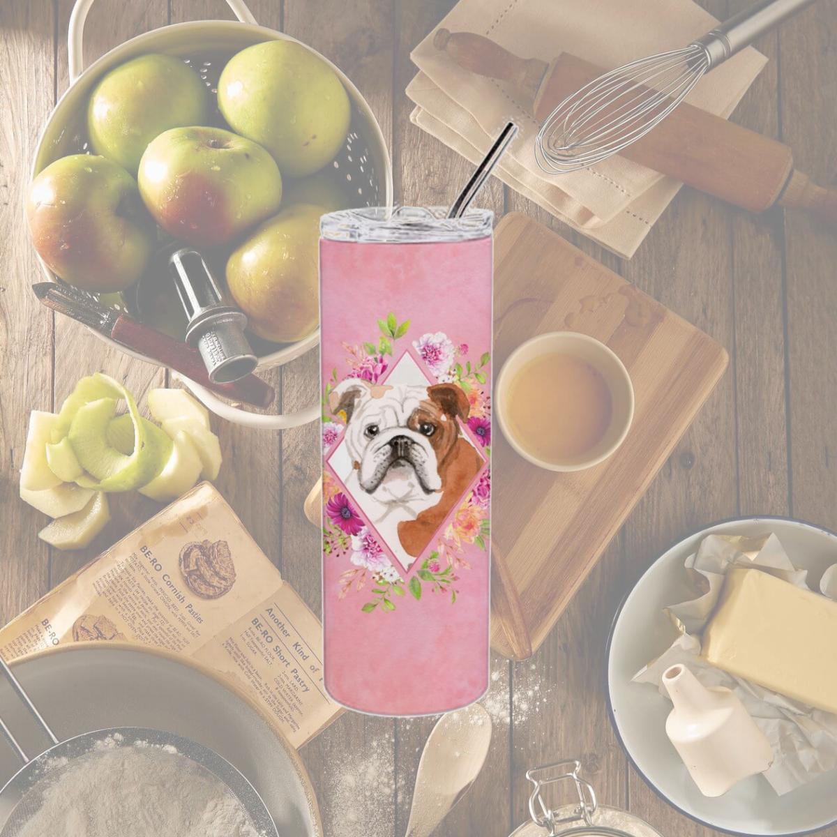 Picture of Carolines Treasures CK4240TBL20 20 oz English Bulldog Pink Flowers Double Walled Stainless Steel Skinny Tumbler