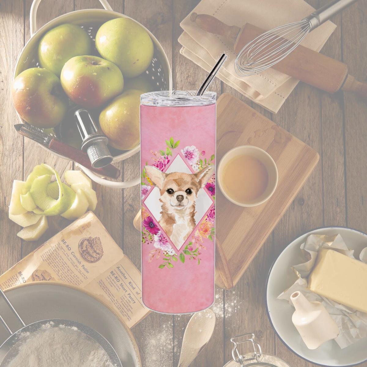 Picture of Carolines Treasures CK4245TBL20 20 oz Chihuahua Pink Flowers Double Walled Stainless Steel Skinny Tumbler