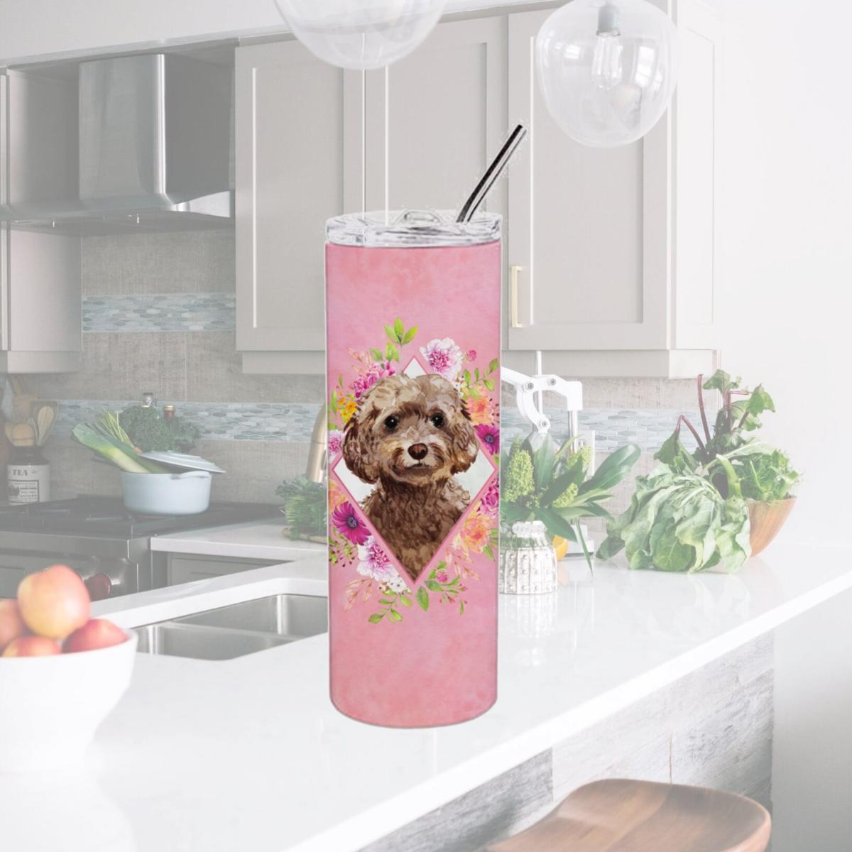 Picture of Carolines Treasures CK4253TBL20 20 oz Chocolate Cockapoo Pink Flowers Double Walled Stainless Steel Skinny Tumbler