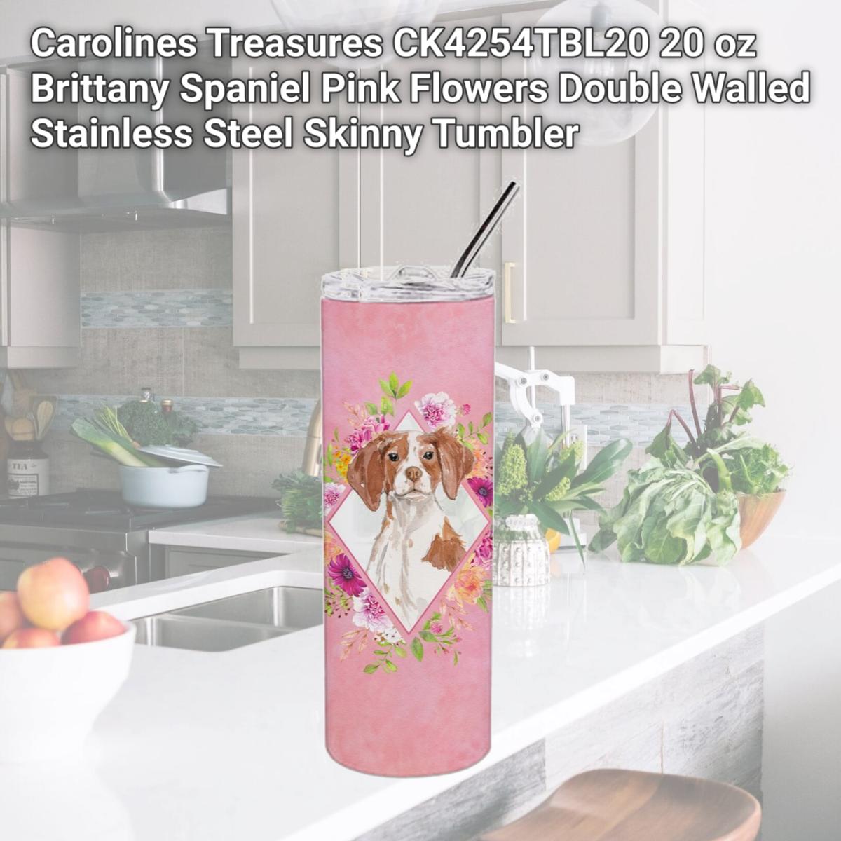 Picture of Carolines Treasures CK4254TBL20 20 oz Brittany Spaniel Pink Flowers Double Walled Stainless Steel Skinny Tumbler