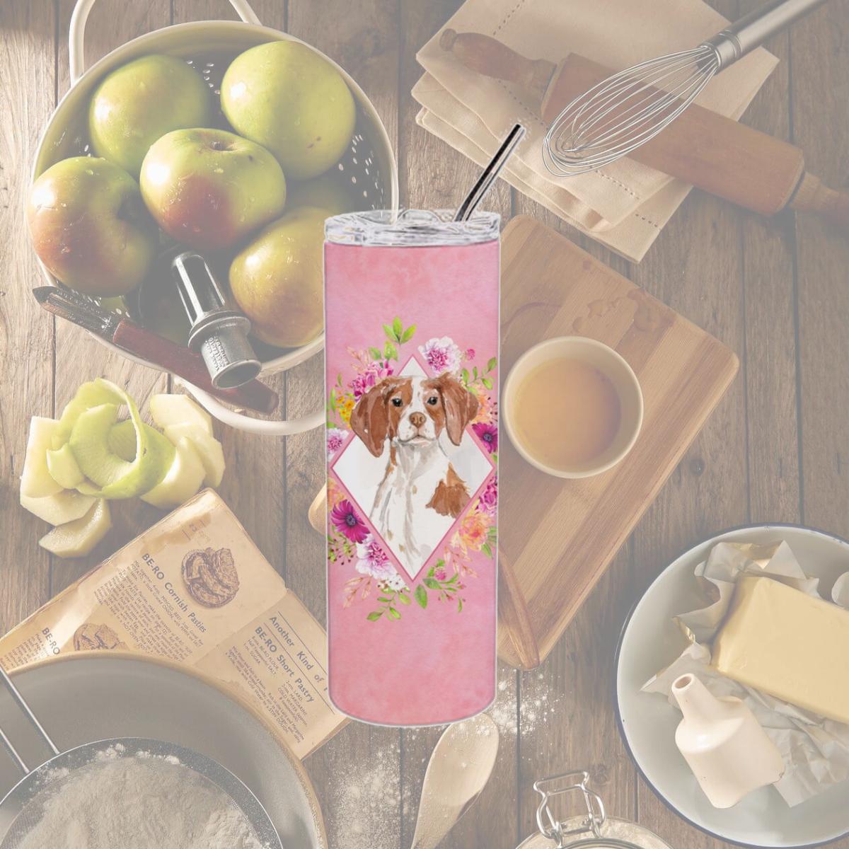 Picture of Carolines Treasures CK4254TBL20 20 oz Brittany Spaniel Pink Flowers Double Walled Stainless Steel Skinny Tumbler