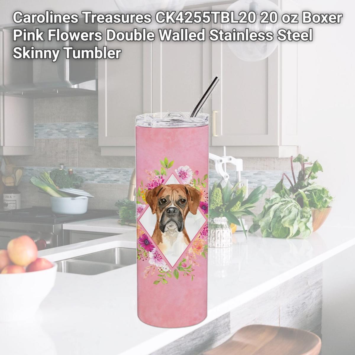 Picture of Carolines Treasures CK4255TBL20 20 oz Boxer Pink Flowers Double Walled Stainless Steel Skinny Tumbler