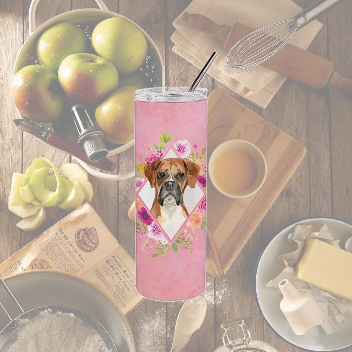 Picture of Carolines Treasures CK4255TBL20 20 oz Boxer Pink Flowers Double Walled Stainless Steel Skinny Tumbler