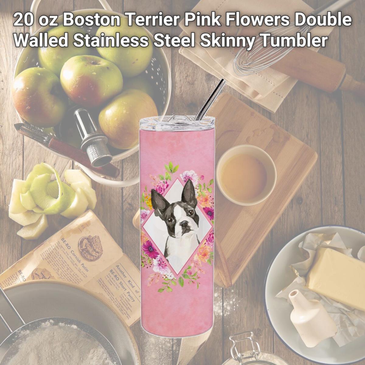 Picture of Carolines Treasures CK4257TBL20 20 oz Boston Terrier Pink Flowers Double Walled Stainless Steel Skinny Tumbler