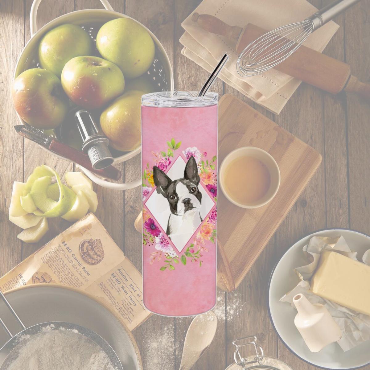 Picture of Carolines Treasures CK4257TBL20 20 oz Boston Terrier Pink Flowers Double Walled Stainless Steel Skinny Tumbler