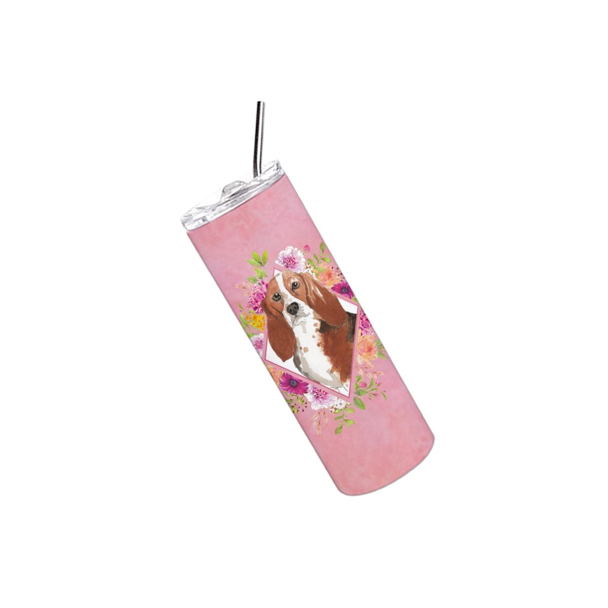 Picture of Carolines Treasures CK4266TBL20 20 oz Basset Hound Pink Flowers Double Walled Stainless Steel Skinny Tumbler