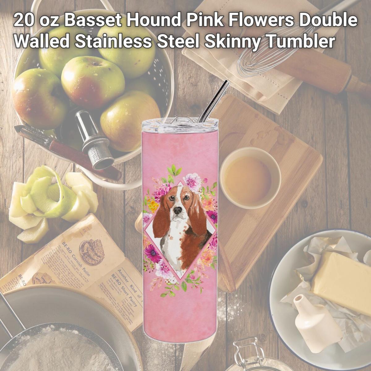 Picture of Carolines Treasures CK4266TBL20 20 oz Basset Hound Pink Flowers Double Walled Stainless Steel Skinny Tumbler