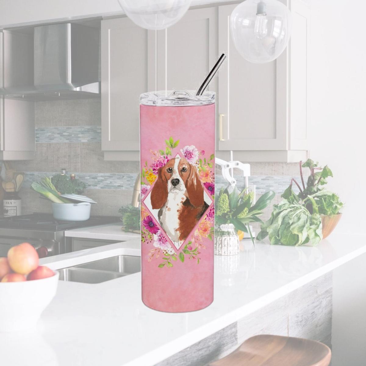 Picture of Carolines Treasures CK4266TBL20 20 oz Basset Hound Pink Flowers Double Walled Stainless Steel Skinny Tumbler