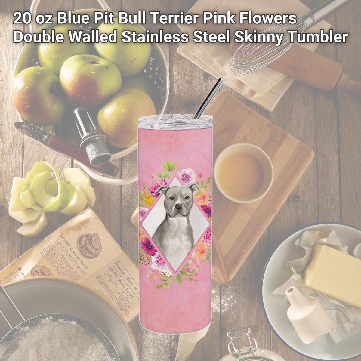 Picture of Carolines Treasures CK4269TBL20 20 oz Blue Pit Bull Terrier Pink Flowers Double Walled Stainless Steel Skinny Tumbler