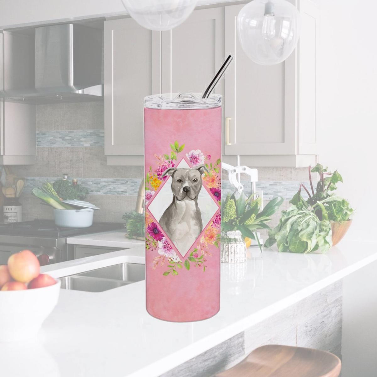 Picture of Carolines Treasures CK4269TBL20 20 oz Blue Pit Bull Terrier Pink Flowers Double Walled Stainless Steel Skinny Tumbler