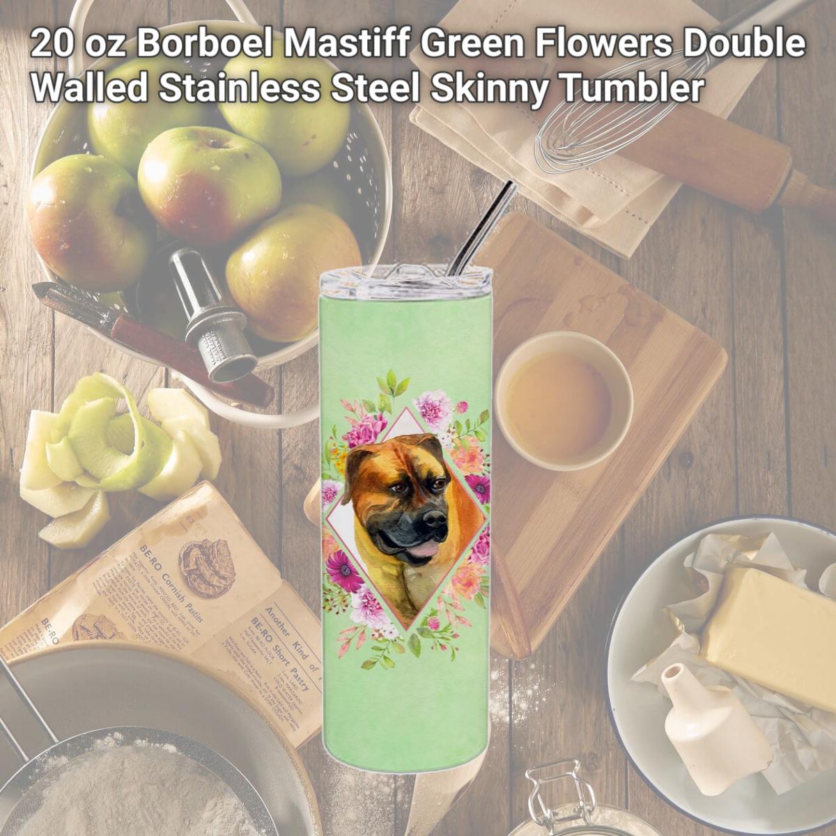 Picture of Carolines Treasures CK4281TBL20 20 oz Borboel Mastiff Green Flowers Double Walled Stainless Steel Skinny Tumbler