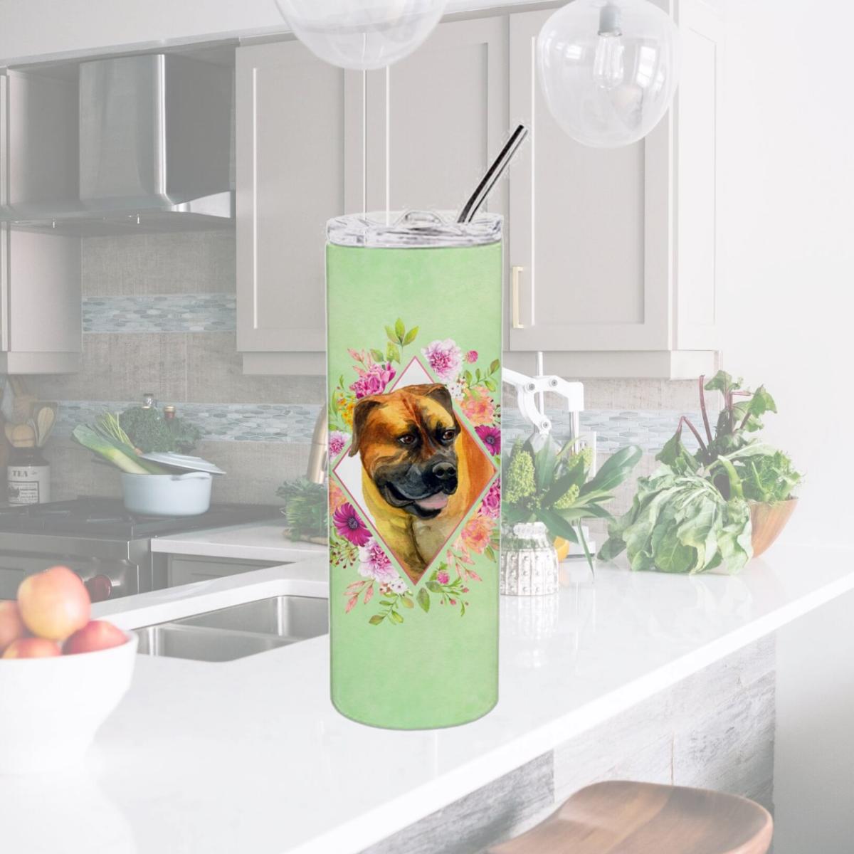 Picture of Carolines Treasures CK4281TBL20 20 oz Borboel Mastiff Green Flowers Double Walled Stainless Steel Skinny Tumbler