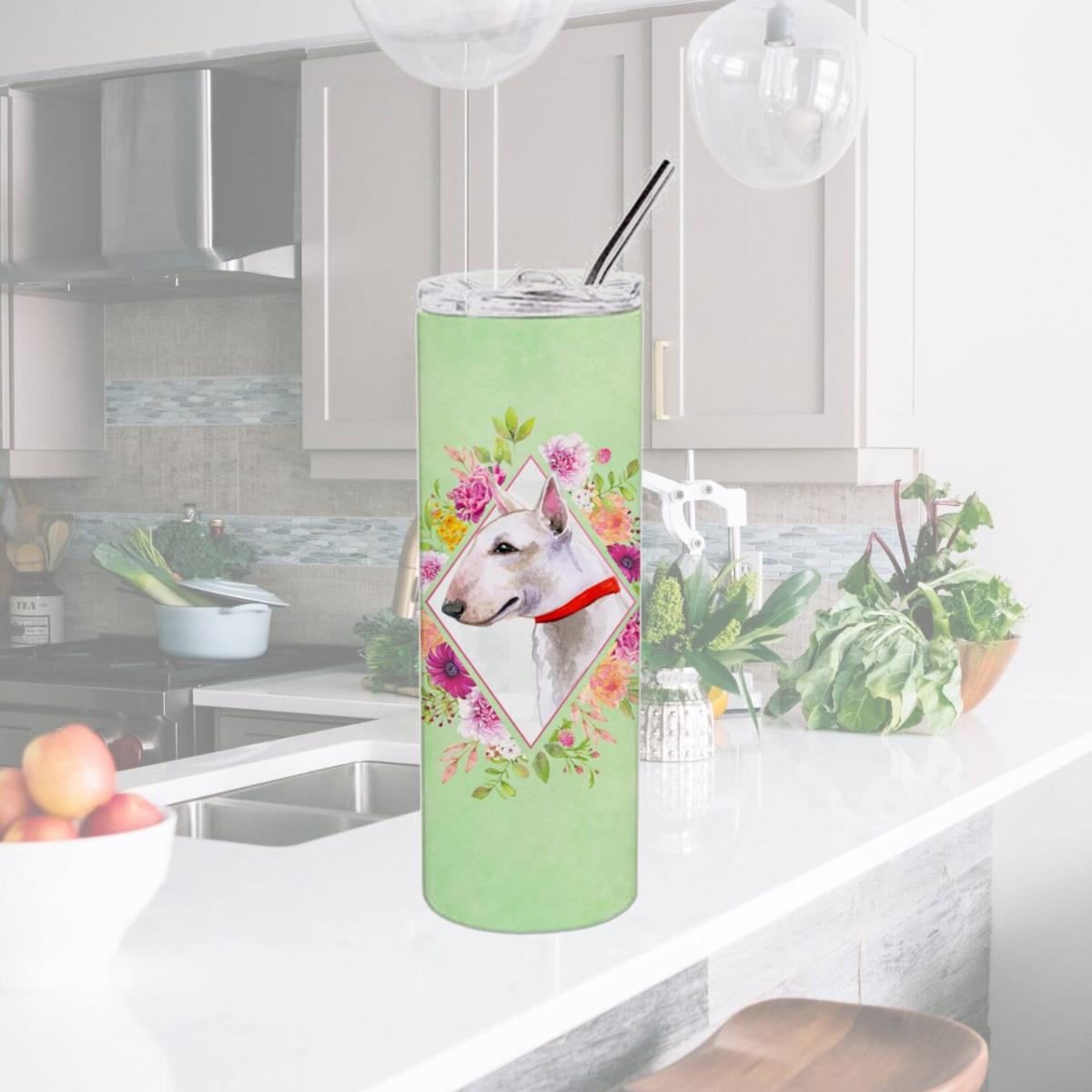 Picture of Carolines Treasures CK4284TBL20 20 oz Bull Terrier Green Flowers Double Walled Stainless Steel Skinny Tumbler