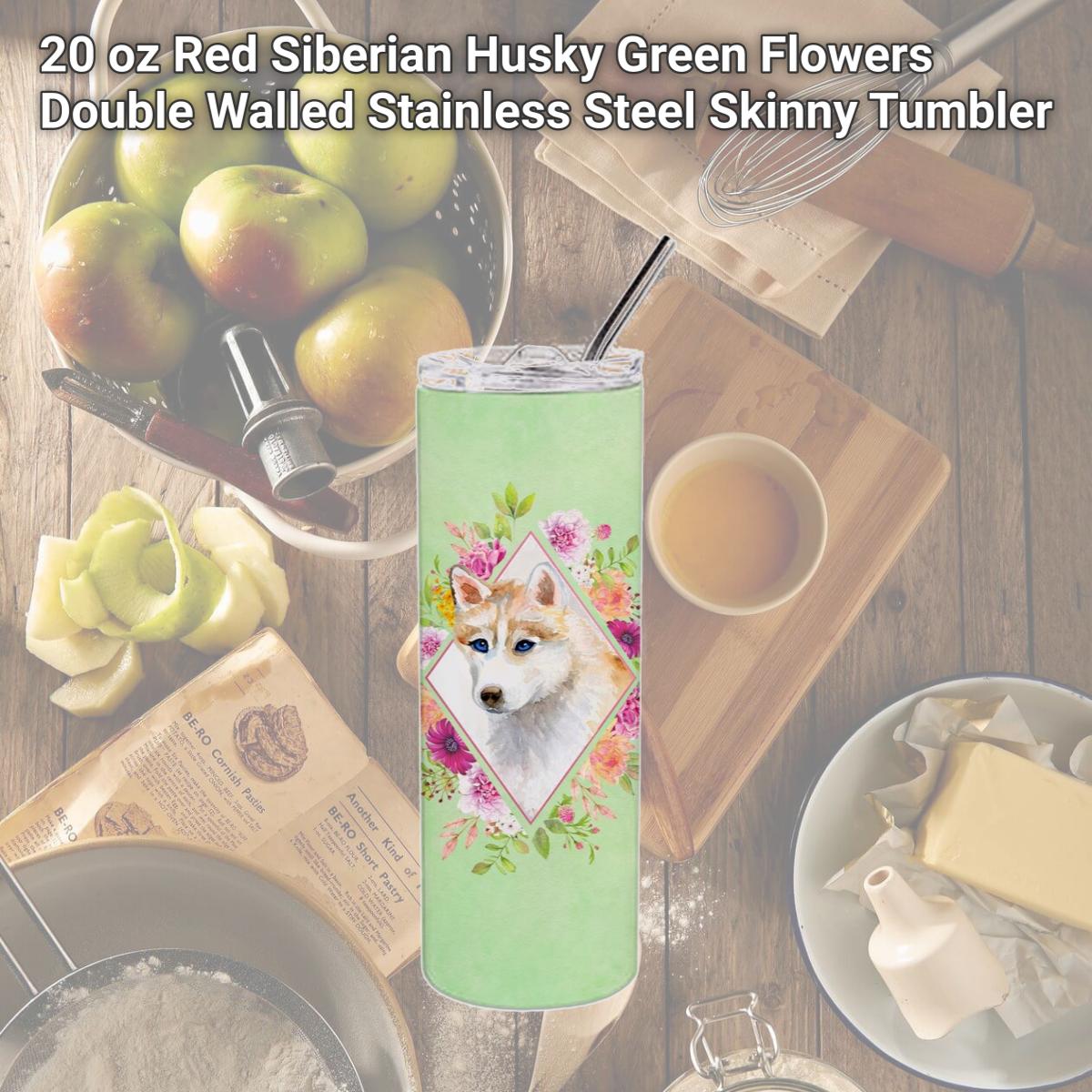 Picture of Carolines Treasures CK4308TBL20 20 oz Red Siberian Husky Green Flowers Double Walled Stainless Steel Skinny Tumbler