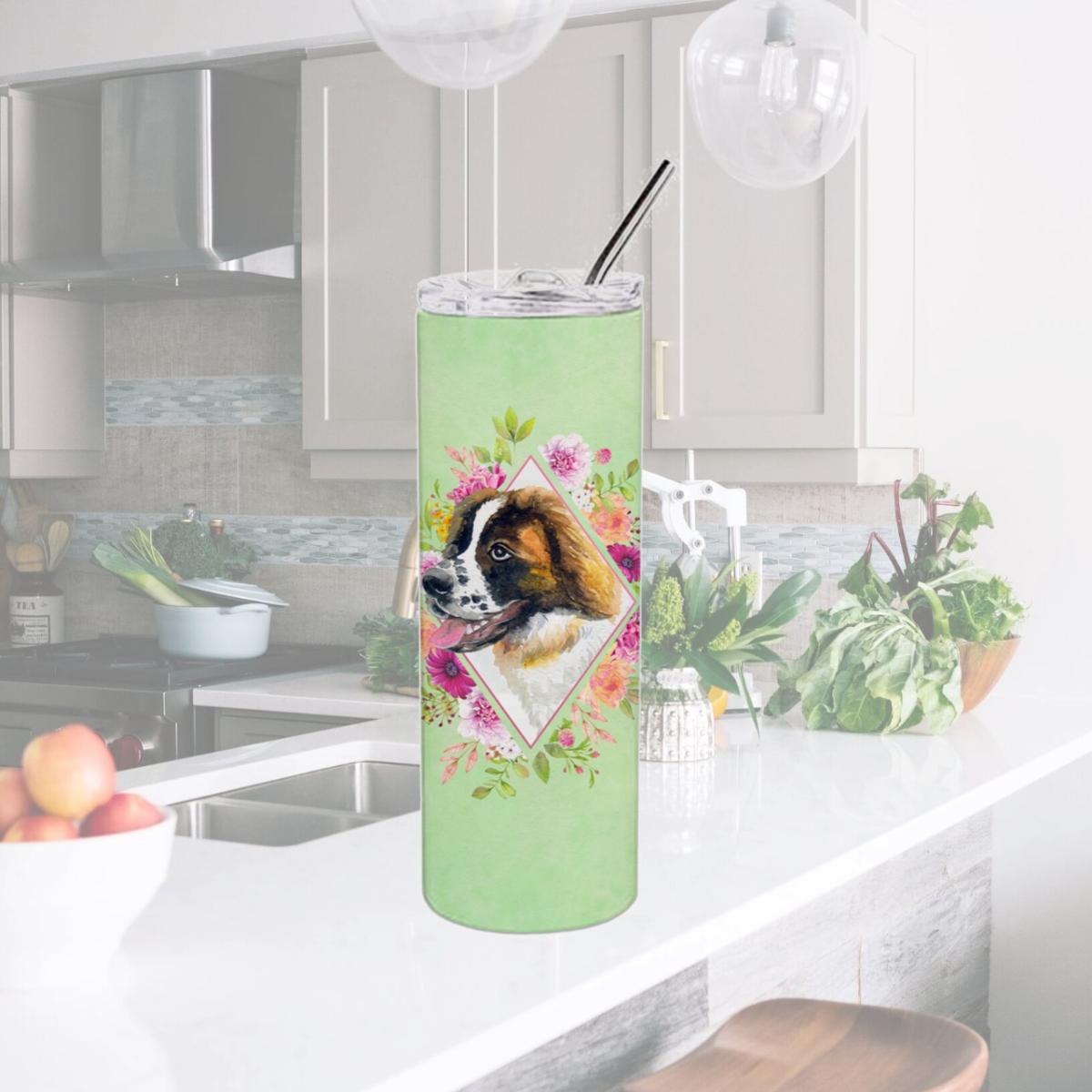 Picture of Carolines Treasures CK4347TBL20 20 oz Saint Bernard No.2 Green Flowers Double Walled Stainless Steel Skinny Tumbler