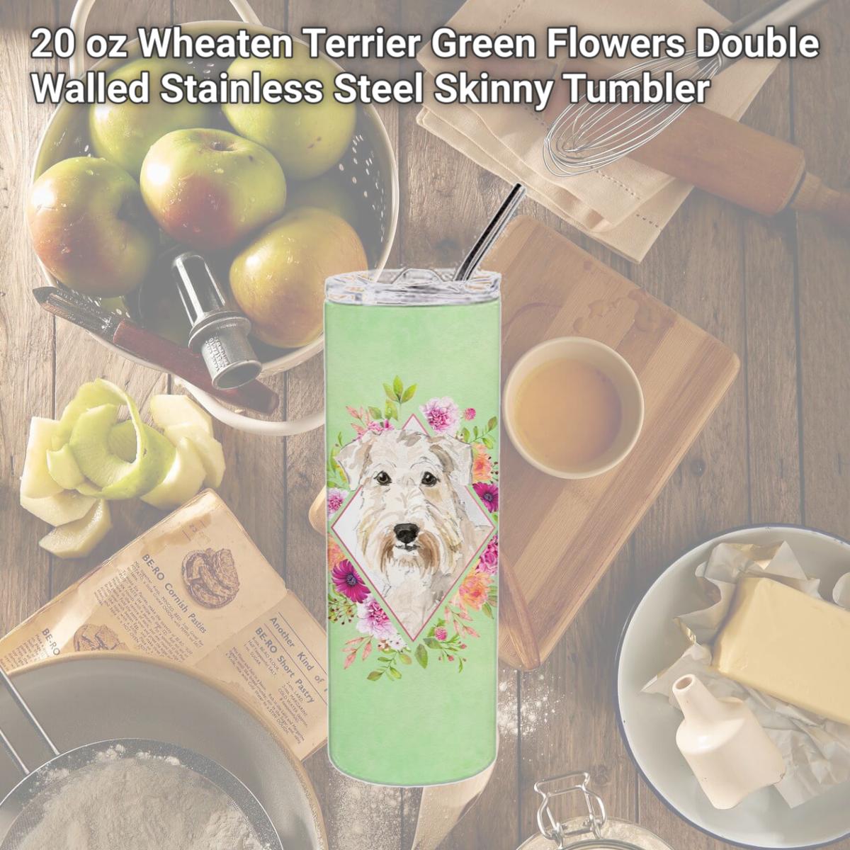 Picture of Carolines Treasures CK4362TBL20 20 oz Wheaten Terrier Green Flowers Double Walled Stainless Steel Skinny Tumbler