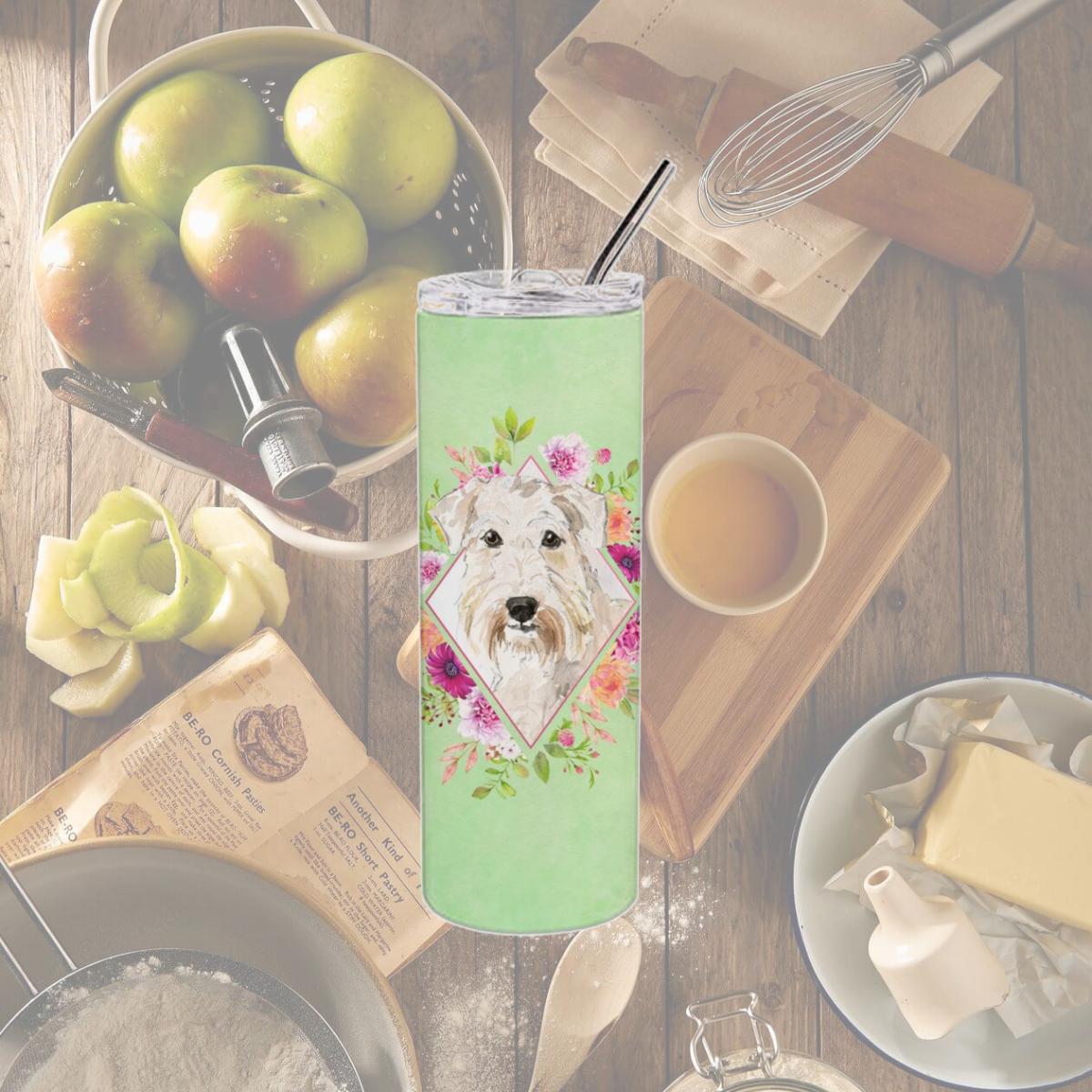 Picture of Carolines Treasures CK4362TBL20 20 oz Wheaten Terrier Green Flowers Double Walled Stainless Steel Skinny Tumbler