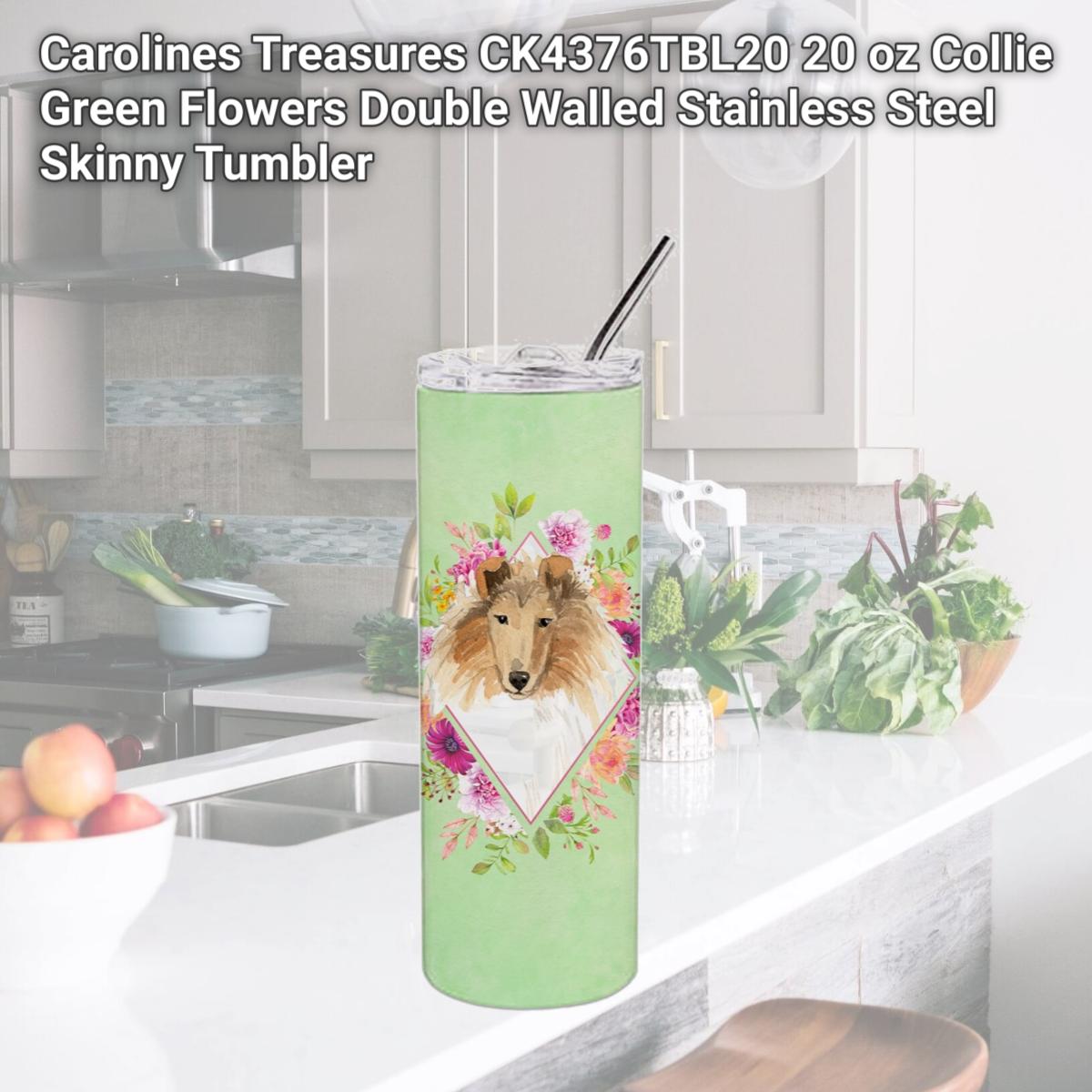 Picture of Carolines Treasures CK4376TBL20 20 oz Collie Green Flowers Double Walled Stainless Steel Skinny Tumbler