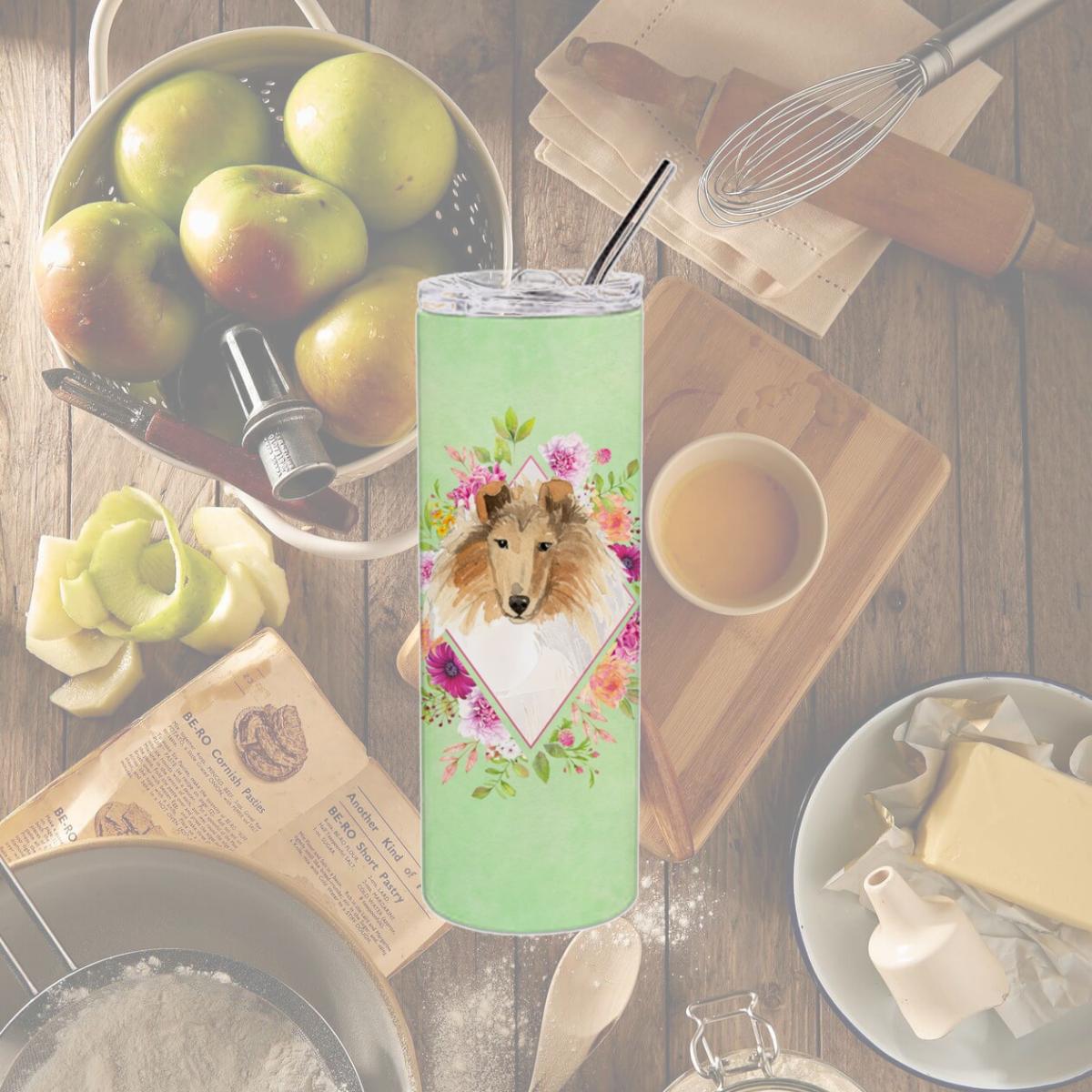 Picture of Carolines Treasures CK4376TBL20 20 oz Collie Green Flowers Double Walled Stainless Steel Skinny Tumbler