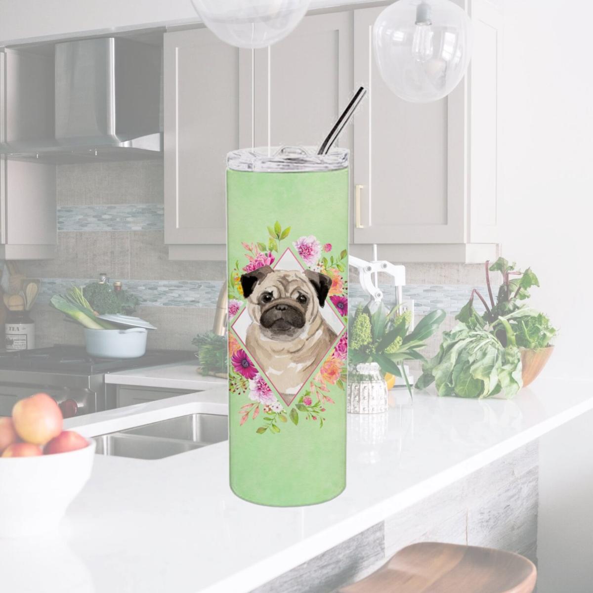 Picture of Carolines Treasures CK4378TBL20 20 oz Fawn Pug Green Flowers Double Walled Stainless Steel Skinny Tumbler