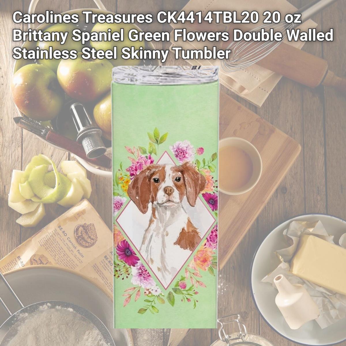 Picture of Carolines Treasures CK4414TBL20 20 oz Brittany Spaniel Green Flowers Double Walled Stainless Steel Skinny Tumbler