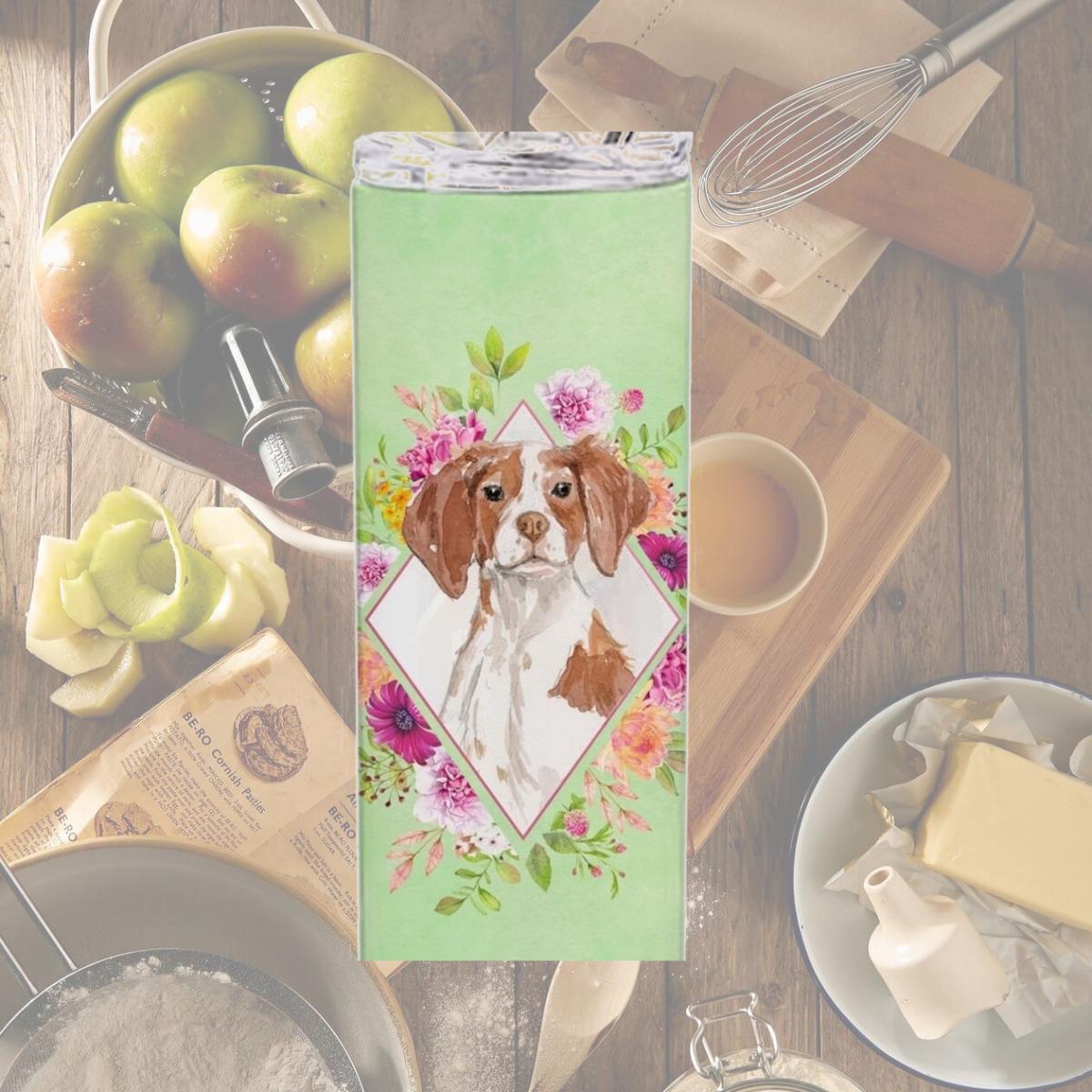 Picture of Carolines Treasures CK4414TBL20 20 oz Brittany Spaniel Green Flowers Double Walled Stainless Steel Skinny Tumbler