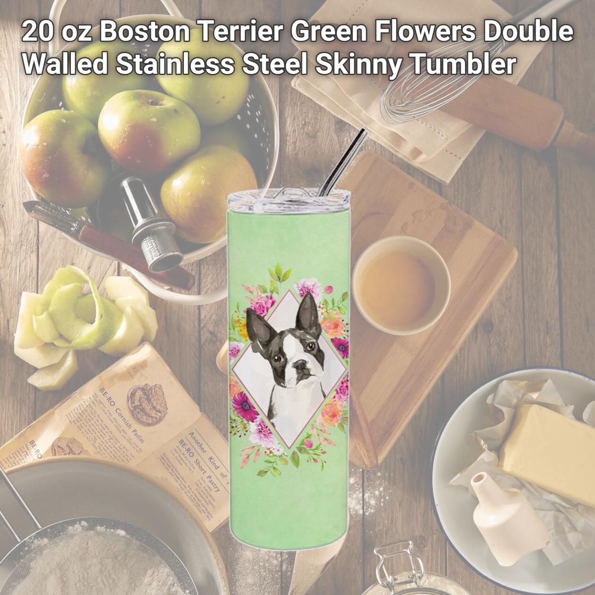 Picture of Carolines Treasures CK4417TBL20 20 oz Boston Terrier Green Flowers Double Walled Stainless Steel Skinny Tumbler