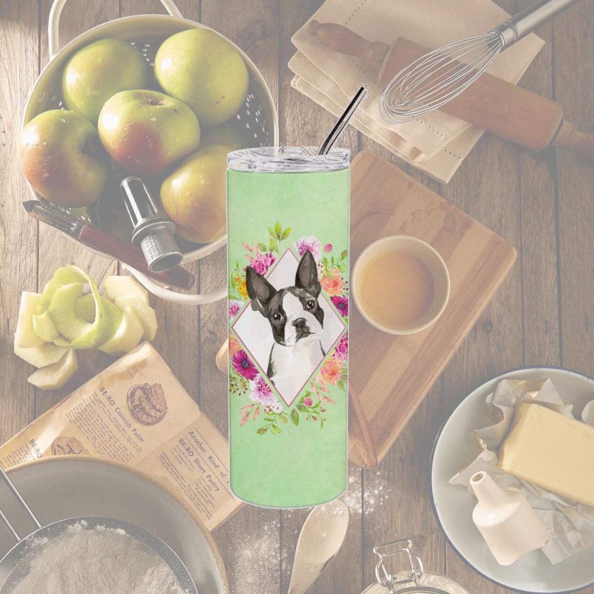 Picture of Carolines Treasures CK4417TBL20 20 oz Boston Terrier Green Flowers Double Walled Stainless Steel Skinny Tumbler