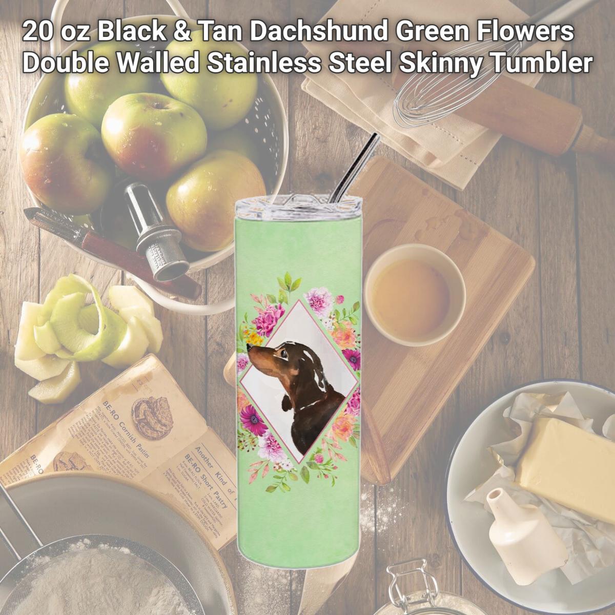 Picture of Carolines Treasures CK4422TBL20 20 oz Black & Tan Dachshund Green Flowers Double Walled Stainless Steel Skinny Tumbler