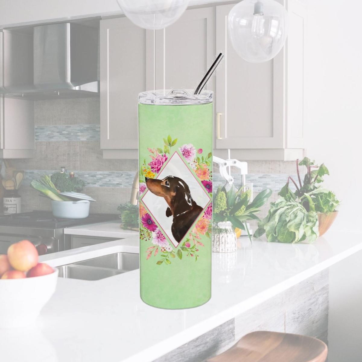 Picture of Carolines Treasures CK4422TBL20 20 oz Black & Tan Dachshund Green Flowers Double Walled Stainless Steel Skinny Tumbler