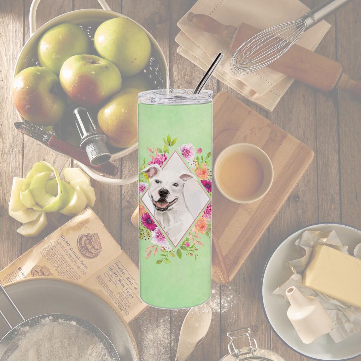Picture of Carolines Treasures CK4428TBL20 20 oz White Pit Bull Terrier Green Flowers Double Walled Stainless Steel Skinny Tumbler