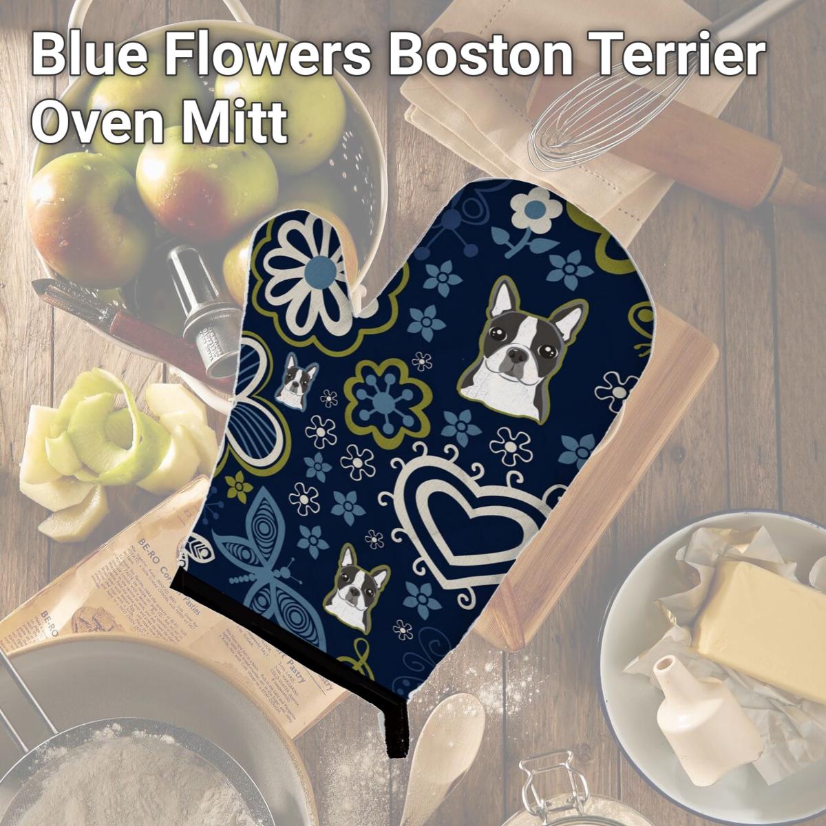 Picture of Carolines Treasures BB5054OVMT Blue Flowers Boston Terrier Oven Mitt