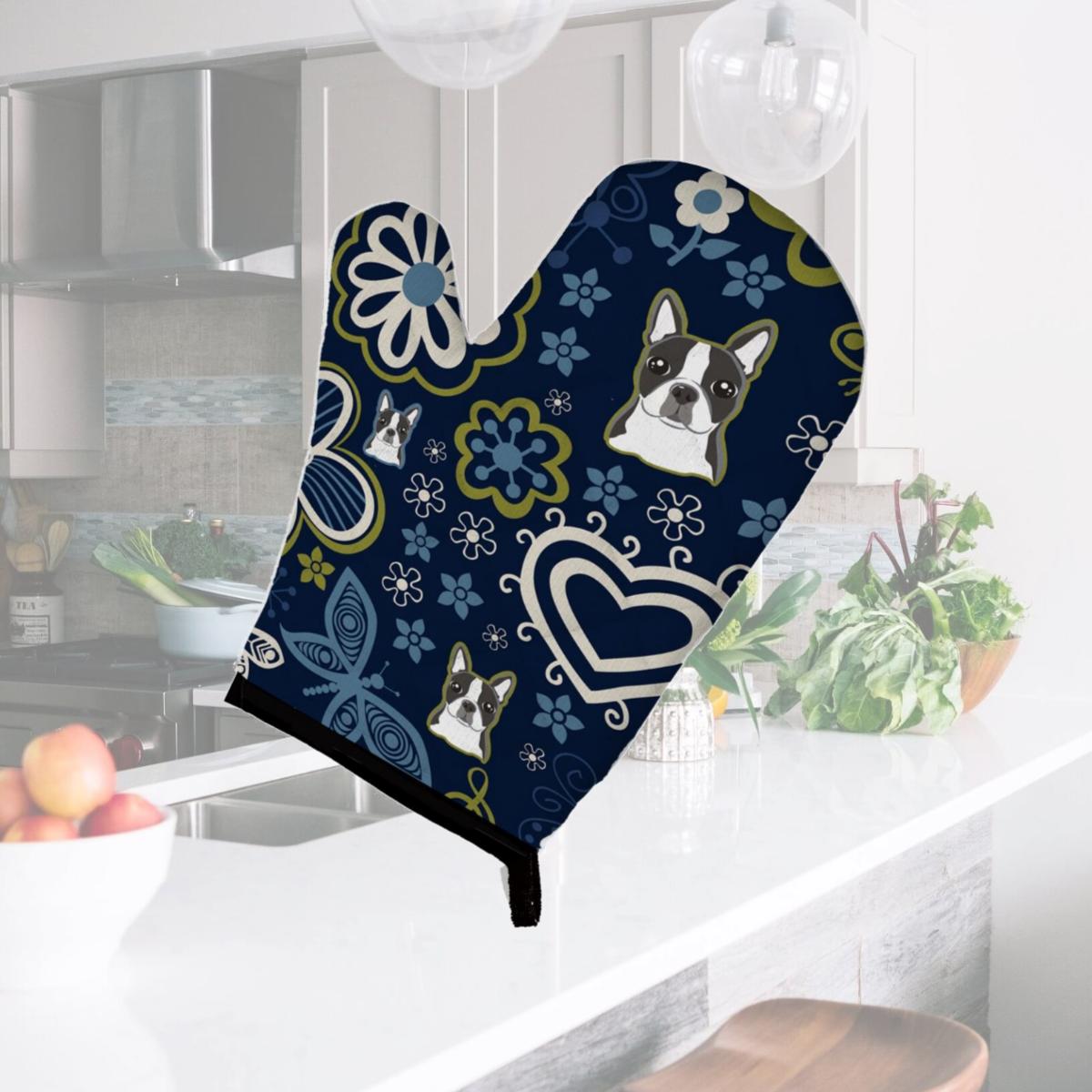 Picture of Carolines Treasures BB5054OVMT Blue Flowers Boston Terrier Oven Mitt