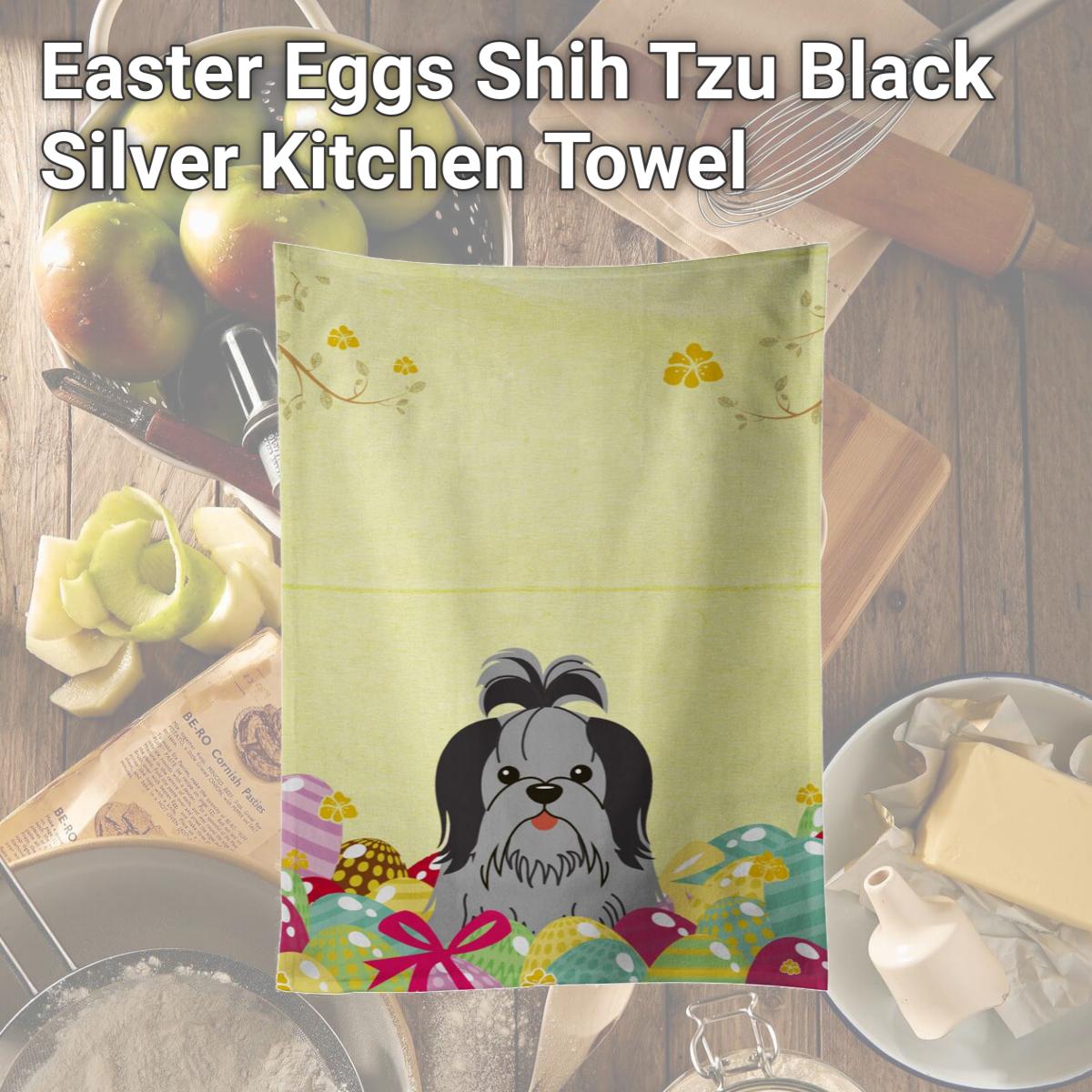 Picture of Carolines Treasures BB6089KTWL Easter Eggs Shih Tzu Black Silver Kitchen Towel