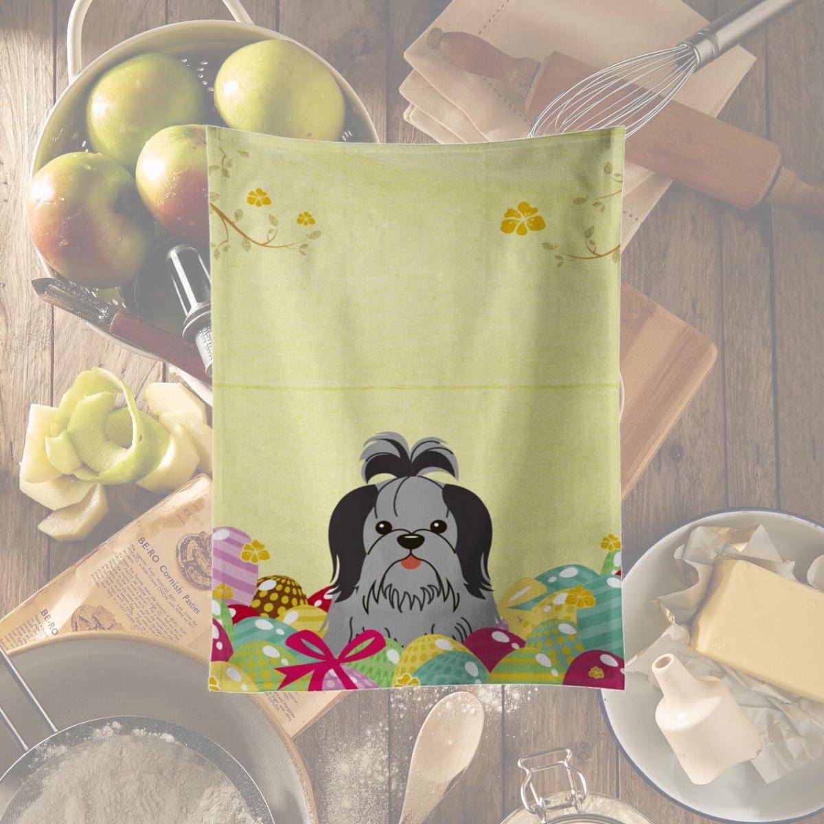 Picture of Carolines Treasures BB6089KTWL Easter Eggs Shih Tzu Black Silver Kitchen Towel