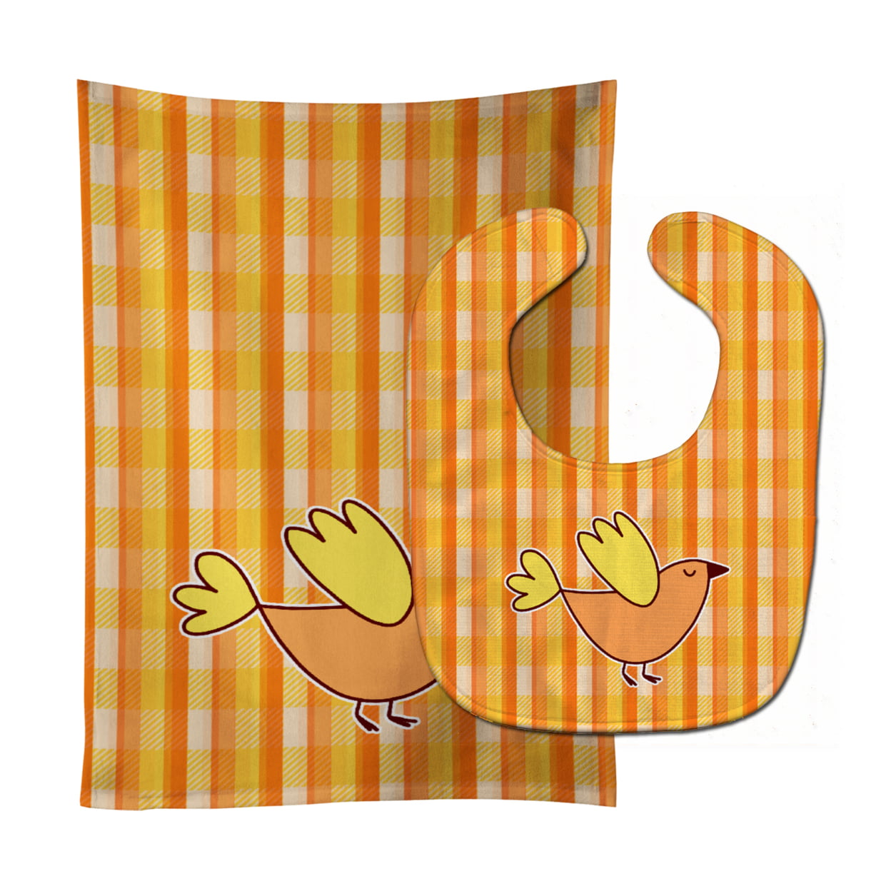 Bird on Orange Plaid Baby Bib & Burp Cloth